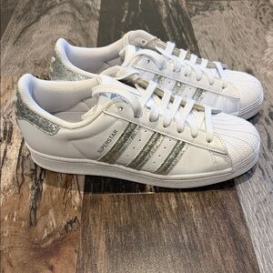 Adidas Superstar White & Silver Glitter Sneakers Women’s Size 9